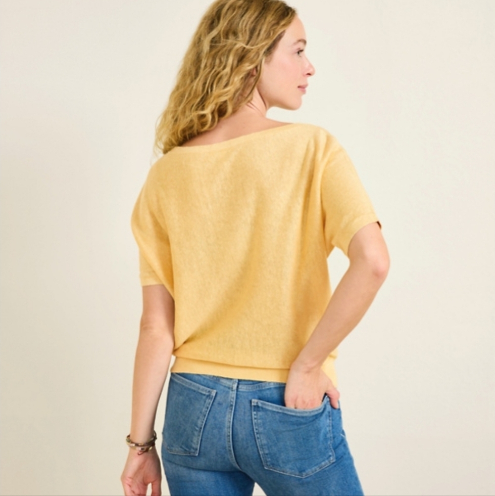 Garnet Hill Linen Knit Top Boat Neck Yellow Short Dolman Sleeve Womens Size L